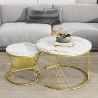 Nesting Coffee Table Set of 2 with Marble Grain Top and Golden Iron Frame, Space-Saving Design, Easy Assembly, White+Gold(m-1)