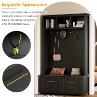 Vinsetto Versatile 4-in-1 Hall Tree with 6 Golden Hooks, Brown Wood Grain Bench, Multiple Storage Spaces, and 2 Drawers, 47" L x 15.5" W x 76.5" H, Black(m-6)