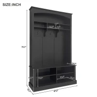 47.5'' Wide Hall Tree with Shoe Storage, 3 Hanging Hooks, Adjustable Shelves, and Multi-Functional Design, 47.5" L x 16" W x 75.5" H, Black(m-3)