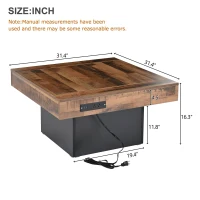 Farmhouse Wood Coffee Table with 2 USB Ports and Outlets, LED Light, Anti-Slip Foot Pads, Spliced Wood Grain, 31.5" L x 31.5" W x 16.5" H, Black(m-3)