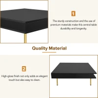 Exquisite High Gloss Coffee Table with 4 Golden Legs, 2 Small Drawers, and 2-Tier Square Center Table for Living Room, Black(m-8)