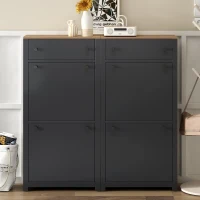 Modern Slim Shoe Cabinet Set with 4 Flip Drawers, Wood Grain Pattern Top, Adjustable Panels, Shoe Rack for Hallway, Black(m-4)