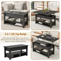 Vinsetto Lift Top Coffee Table with Multi-Functional Open Shelves, Modern Lift Tabletop Dining Table for Living Room, 42" L x 40" W x 25.5" H, Black(m-7)
