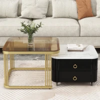 2-in-1 Square Nesting Coffee Table with Wheels & Drawers, High Gloss Marble Grain Top, Tempered Glass, 29" L x 27" W x 16" H, Black+Gold(m-1)