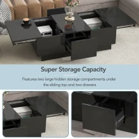 Vinsetto Coffee Table with Hidden Storage, Extendable Cocktail Table with Drawers, Sliding Top for Living Room, 39.5" L x 22" W x 12.5" H, Black(m-5)