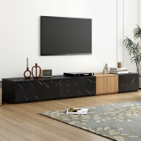 TV Stand with Faux Marble and Walnut Finish, Modular Entertainment Center for TVs up to 88", 4 Storage Drawers, Black