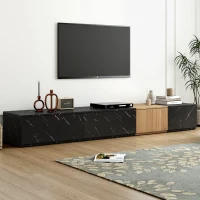 TV Stand with Faux Marble and Walnut Finish, Modular Entertainment Center for TVs up to 88", 4 Storage Drawers, Black(m-1)