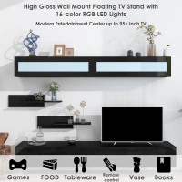 Vinsetto Wall Mount Floating TV Stand with 4 Media Storage Cabinets, 2 Shelves, and 16-Color RGB LED Lights for 95+" TV, Black(m-5)