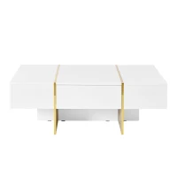 Minimalist High Gloss Coffee Table with 2 Drawers, Storage Rectangle Sofa Table, with Golden Wood Legs, 47" L x 31.5" W x 15.5" H, White(m-2)