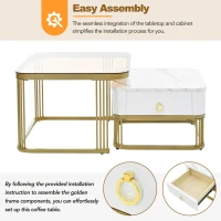 Nesting Coffee Table Set of 2 with Drawer, Square Stacking Tables with Tempered Glass and Marble Grain Tabletop for Living Room, White+Gold(m-7)