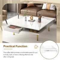 Exquisite High Gloss Coffee Table with 4 Golden Legs, 2 Small Drawers, and 2-Tier Square Design for Living Room, 33.5", White(m-5)