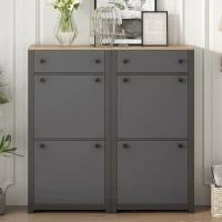 Modern Slim Shoe Cabinet Set with 4 Flip Drawers, Wood Grain Pattern Top, Adjustable Panels, Shoe Rack for Hallway, Gray(m-4)