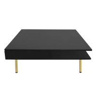 Exquisite High Gloss Coffee Table with 4 Golden Legs, 2 Small Drawers, and 2-Tier Square Center Table for Living Room, Black(m-12)