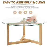 Round Coffee Table with Tempered Glass Top and Sturdy Wood Base, Modern Cocktail Table, Easy Assembly, 35.5" L x 35.5" W x 17.5" H, Natural(m-8)