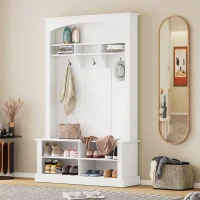 47.5'' Wide Hall Tree with Shoe Storage, 3 Hanging Hooks, Adjustable Shelves, and Multi-Functional Design for Hallway, White(m-1)