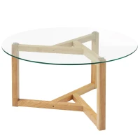 Round Coffee Table with Tempered Glass Top and Sturdy Wood Base, Modern Cocktail Table, Easy Assembly, 35.5" L x 35.5" W x 17.5" H, Natural(m-14)
