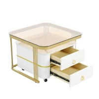 2-in-1 Square Nesting Coffee Table with Wheels & Drawers, High Gloss Marble Grain Top, Tempered Glass, 29" L x 27" W x 16" H, White+Gold(m-13)