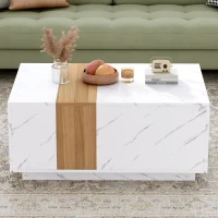 Vinsetto Modern Coffee Table with Faux Marble and Walnut Wood Grain Finish, Rectangular Center Table with 2 Storage Drawers, Space-Saving Design, White(m-4)