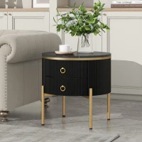 Vinsetto Round End Table with Storage Drawers, Modern Faux Marble Tabletop, Metal Legs and Handles, Black+Gold(m-1)
