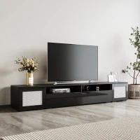 Vinsetto Modern TV Stand Fits TVs Up to 90" with Push to Open Doors, LED Lights, Rattan Style Entertainment Center, 82.5" L x 15.5" W x 14" H, Black(m-1)