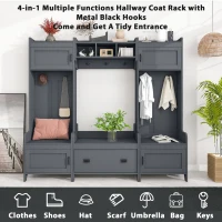 Vinsetto Modern 4-in-1 Hall Tree with Coat Rack, Storage Bench, Entryway Shelf, 7 Metal Hooks, and 4 Cabinets, 78.5" L x 15" W x 72" H, Grey(m-5)