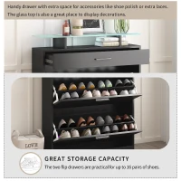 Shoe Cabinet with 2 Flip Drawers and Adjustable Shoe Storage, Tempered Glass Top, LED Light, 35" L x 9.5" W x 41" H, Black(m-6)