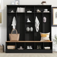 Vinsetto Wide Hall Tree with Storage Bench, Cube Storage, Shelves and 8 Hooks, Multifunctional Coat Rack, Shoe Cabinet, 67" L x 15" W x 72" H, Black(m-4)