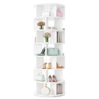 360° Spinning Shoe Cabinet with 5 Grids Per Layer, Adjustable 7-Tier Rotating Shoe Rack Tower, for Living Room, 23.5" L x 23.5" W x 65" H, White(m-2)