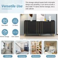 Storage Shoe Cabinet with 5 Metal Legs, Gold Lines Doors, Minimalist Sideboard Cabinet, Modern TV Stand, 63" L x 15" W x 31.5" H, Black(m-5)