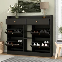 Modern Shoe Cabinet with 4 Flip Drawers, 2-Tier Shoe Storage Organizer, Shoe Rack for Entrance Hallway, 50.5" L x 9.5" W x 42.5" H, Black(m-1)