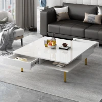 Exquisite High Gloss Coffee Table with 4 Golden Legs, 2 Small Drawers, and 2-Tier Square Design for Living Room, 33.5", White(m-1)