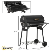 Outsunny 30" Portable Charcoal Barbecue Grill with Wheels Outdoor Barbecue with Adjustable Charcoal Rack, Storage Shelf, for Garden Camping Picnic(m-3)
