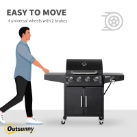 Outsunny 52" Barbecue Grill with Wheels 4+1 Burner Liquid Propane Gas Grill Outdoor Cabinet Style BBQ Trolley w/ Side Burner, Warming Rack(m-7)