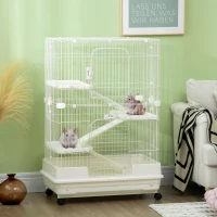 PawHut 32"L 4-Level Small Animal Cage Rabbit Hutch with Universal Lockable Wheels, Slide-out Tray for Bunny, Chinchillas, Ferret, White(m-8)
