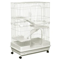 PawHut 32"L 4-Level Small Animal Cage Rabbit Hutch with Universal Lockable Wheels, Slide-out Tray for Bunny, Chinchillas, Ferret, White(m-1)