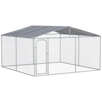 PawHut Outdoor Dog Kennel Galvanized Steel Fence with Cover Secure Lock Mesh Sidewalls for Backyard 157.5" x 157.5" x 91.25"(m-11)