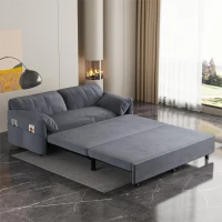 64" 3-in-1 Convertible Sleeper Sofa with Side Storage, Multi-Functional Velvet Loveseat Bed, 64" L x 33.5" W x 36" H, Grey(m-1)