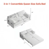 64" 3-in-1 Convertible Sleeper Sofa with Side Storage, Multi-Functional Velvet Loveseat Bed, 64" L x 33.5" W x 36" H, Grey(m-3)