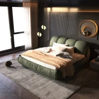 Queen Size Upholstered Bed with Oversized Padded Backrest, Solid Wood Frame, Adjustable Mattress Heights, 96.5" L x 70" W x 43.5" H, Green(m-6)