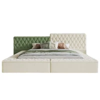 King Contemporary Special-shaped Upholstered Bed with Deep Button Tufting, Storage Compartments, 123.5" L x 101" W x 43.5" H, Beige(m-11)