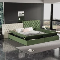 King Contemporary Special-Shaped Upholstered Bed with Deep Button Tufting, Storage Compartments, 123.5" L x 101" W x 43.5" H, Green(m-9)