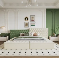 King Contemporary Special-shaped Upholstered Bed with Deep Button Tufting, Storage Compartments, 123.5" L x 101" W x 43.5" H, Beige(m-1)