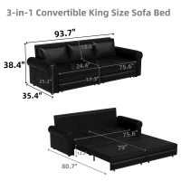 94" 3-in-1 Convertible Sleeper Sofa with Nailhead Trim & Rolled Arm, Chesterfield Sofa, Multi-Functional, 94" L x 35.5" W x 38.5" H, Dark Brown(m-3)