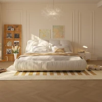 Queen Size Upholstered Bed with Oversized Padded Backrest, Solid Wood Frame, Adjustable Mattress Heights, 96.5" L x 70" W x 43.5" H, Beige(m-1)