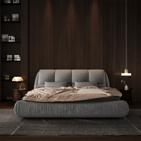 Queen Size Upholstered Bed with Oversized Padded Backrest, Solid Wood Frame, Adjustable Mattress Heights, 96.5" L x 70" W x 43.5" H, Grey
