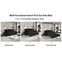 70" 3-in-1 Convertible Sleeper Sofa with 2 Soft Pillows, Multi-Functional Velvet Loveseat Bed, 70" L x 33" W x 36" H, Black(m-5)