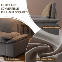 70" 3-in-1 Convertible Sleeper Sofa with 2 Soft Pillows, Multi-Functional Velvet Loveseat Bed, 70" L x 33" W x 36" H, Grey(m-5)