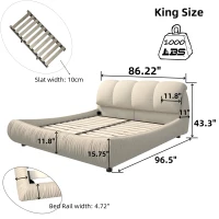 King Size Upholstered Bed with Oversized Padded Backrest, Solid Wood Frame, Adjustable Mattress Heights, 96.5" L x 86" W x 43.5" H, Beige(m-3)