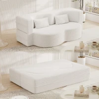 Convertible Teddy Fabric Foam-Filled Sleeper Sofa Bed with 2 Pillows, Modern Floor Sofa, Folding Mattress, 78"L x 45"W x 30"H, White(m-6)