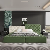 King Contemporary Special-Shaped Upholstered Bed with Deep Button Tufting, Storage Compartments, 123.5" L x 101" W x 43.5" H, Green(m-1)